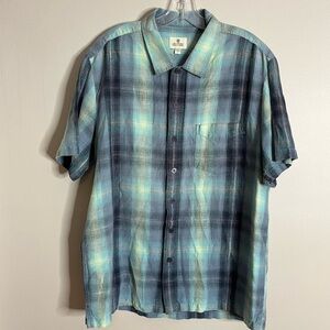 Solitude Men's Size Large Cotton Linen Blue Plaid Button Down Casual Shirt DD16